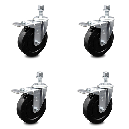 5 Inch Soft Rubber Wheel Swivel Â½ Inch Stem Caster Set With Total Lock Brake SCC